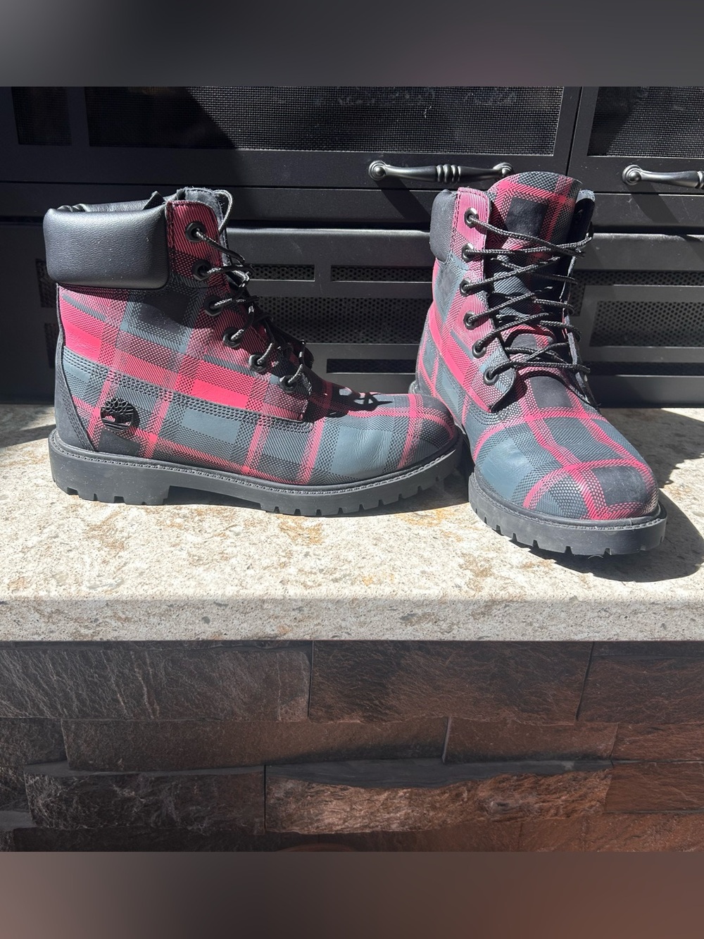 Timberland Heritage 6” Waterproof Boots in Black/Red Plaid Flannel
